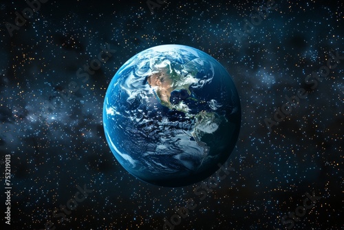 The image features a clear view of the Earth with contrasting land and water  surrounded by stars