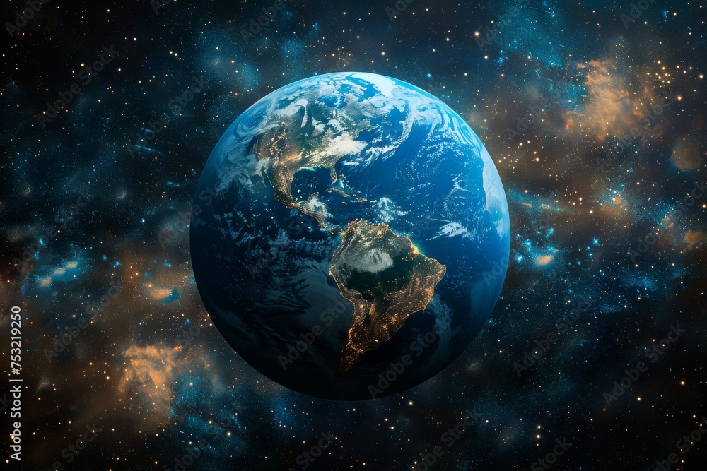 This image presents Planet Earth with a vivid cosmic background, inferring the profound vastness and mystery of the universe we inhabit This image presents Planet Earth with a vivid cosmic background, inferring the profound vastness and mystery of the universe we inhabit