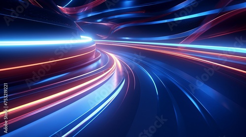 A 3D rendering presents an abstract motion curvy urban road with a trail light motion effect applied, suitable for automobile background use.