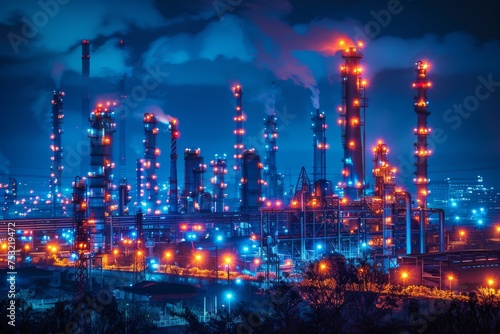 A stunning night shot of an operational chemical plant with bright lights and complex structures