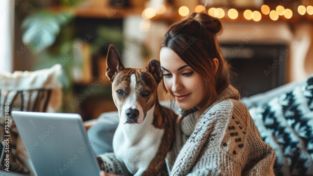 woman enjoys a peaceful moment with her dog as they both look at a laptop screen, surrounded by the warmth of indoor lighting. woman enjoys a peaceful moment with her dog as they both look at a laptop screen, surrounded by the warmth of indoor lighting.