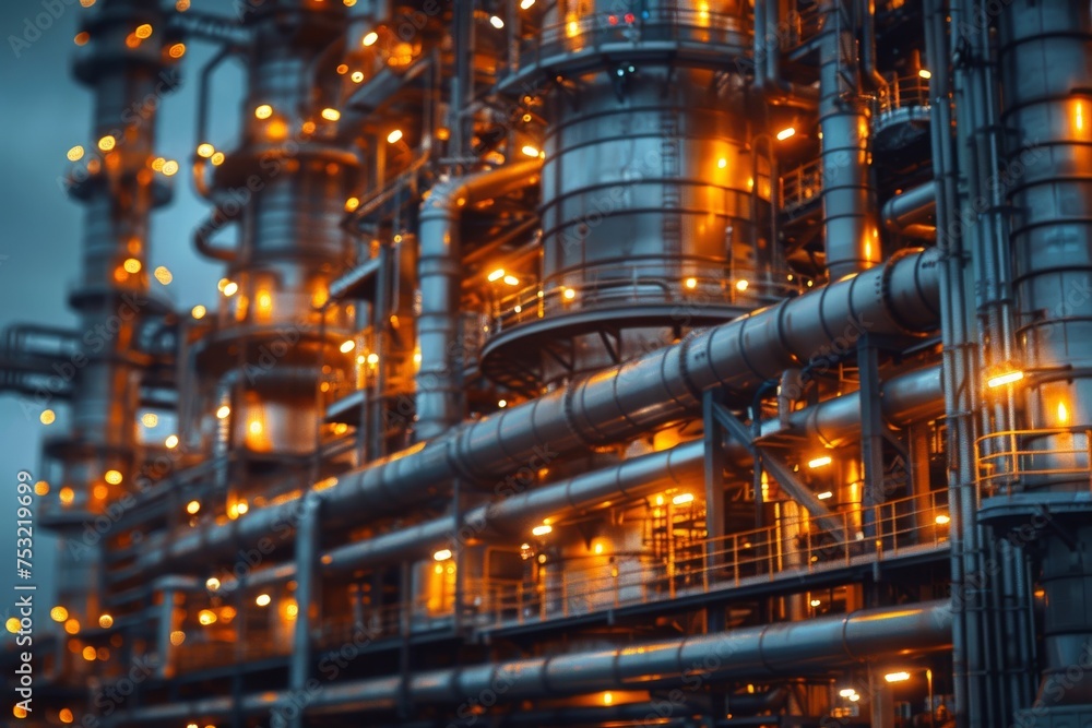 The intricate details of an industrial complex lit with golden lights against a cool blue twilight sky The intricate details of an industrial complex lit with golden lights against a cool blue twilight sky