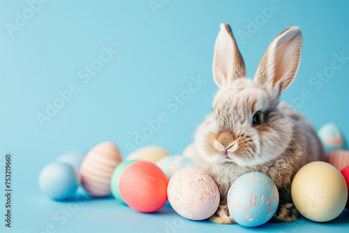 Cute Fluffy Bunny Nestled Among Colorful Easter Eggs on Blue Background with Copy Space for Text Symbolizing Spring and Joyful Easter Traditions