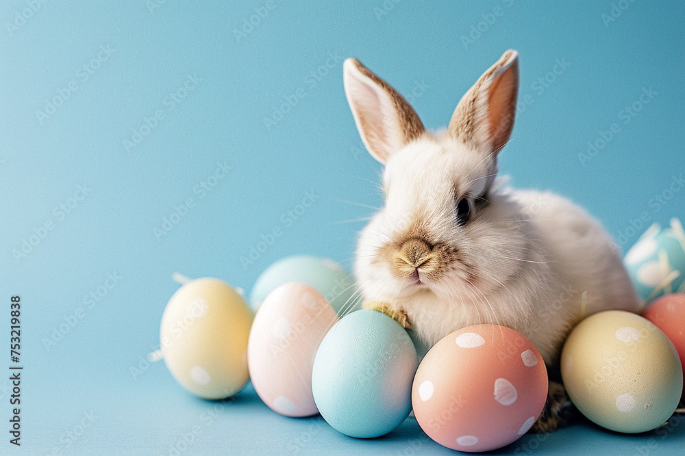 Cute Fluffy Bunny Nestled Among Colorful Easter Eggs on Blue Background with Copy Space for Text Symbolizing Spring and Joyful Easter Traditions Cute Fluffy Bunny Nestled Among Colorful Easter Eggs on Blue Background with Copy Space for Text Symbolizing Spring and Joyful Easter Traditions