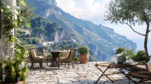 Patio With Table, Chairs, and Mountain View