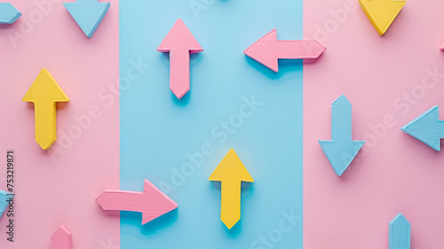 Colorful direction arrows pointing in different directions on a pastel background, choice concept