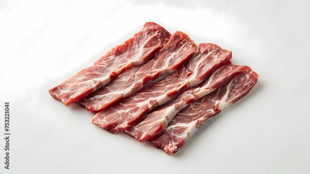 Raw beef meat on a white plate, isolated on a white background, Generative AI illustrations. Raw beef meat on a white plate, isolated on a white background, Generative AI illustrations.