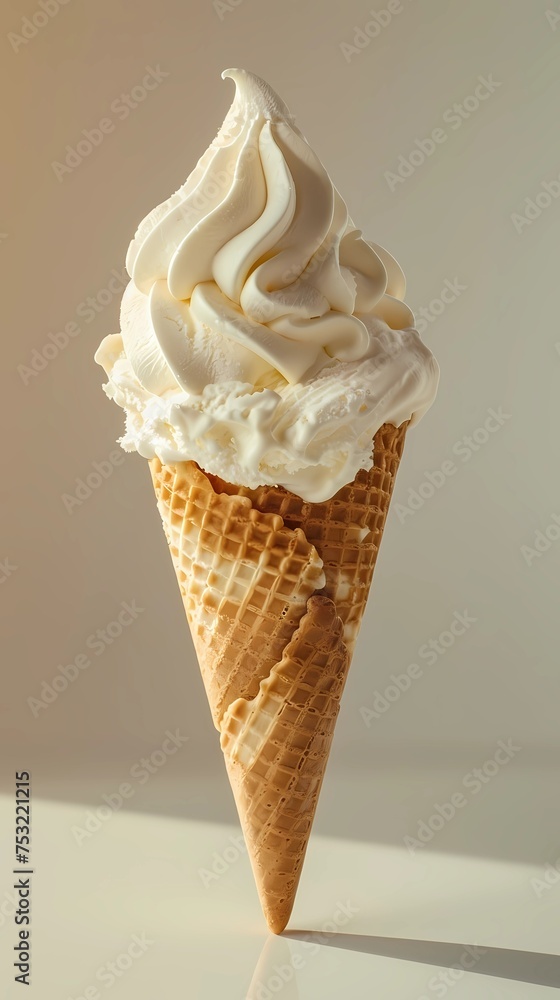 Vanilla ice cream in a waffle cone on a white background Vanilla ice cream in a waffle cone on a white background