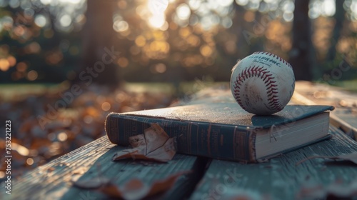 Baseball on Book on Bench photo