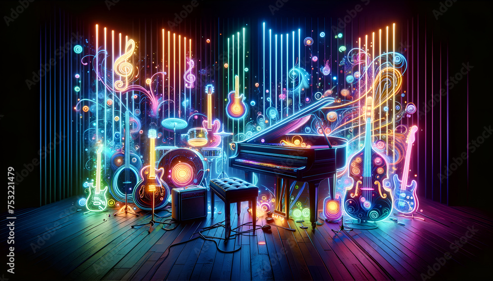 Obraz premium Neon Rhythms in the Music Studio
