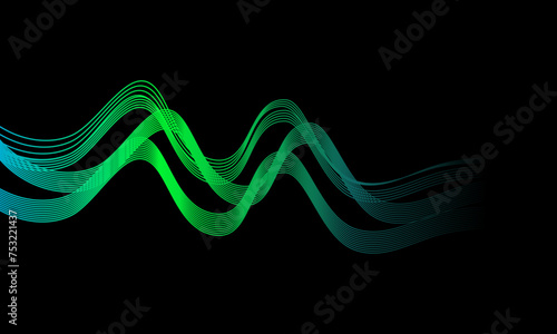 Vector abstract light lines wavy flowing dynamic in blue green colors isolated on black background for concept of AI technology, digital