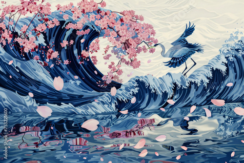 Abstract waves inspired by Japanese woodblock prints. Cherry blossom petals ride the crests, their delicate pink contrasting with deep indigo. photo