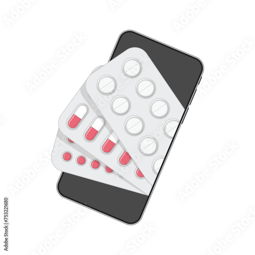 Healthcare online pharmacy concept. Smartphone with, medical supplies and pills. Buy medicaments and drugs online.