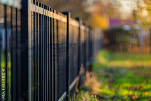 Close Up of Black Steel Slat Fence in Grass