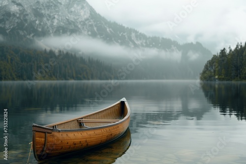 Small Wooden Canoe Floating on Calm Lake