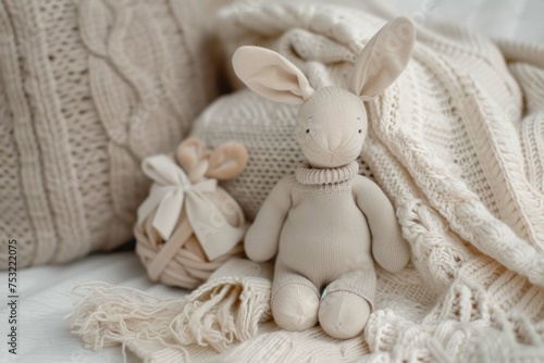 Pile of baby jersey sweaters and textile in beige pastel colors and cute bunny toy