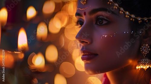 Portrait of a young hindu woman in traditional jewelry and bright indian saree celebrating diwali, festival of lights