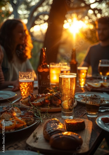 young people gathering in late spring drinking beer and eating during golden hour