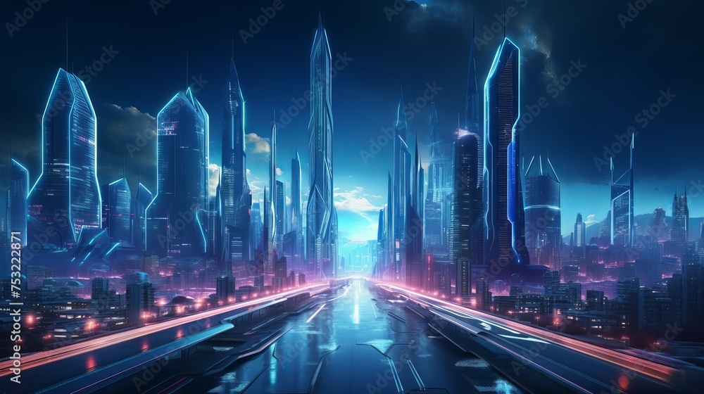 A futuristic cyberpunk city scene features blue and pink light trails, capturing the essence of a sci-fi downtown at night.
