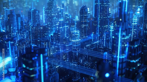 Futuristic City With Blue Lights and Skyscrapers
