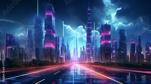 A futuristic cyberpunk city scene features blue and pink light trails  capturing the essence of a sci-fi downtown at night.