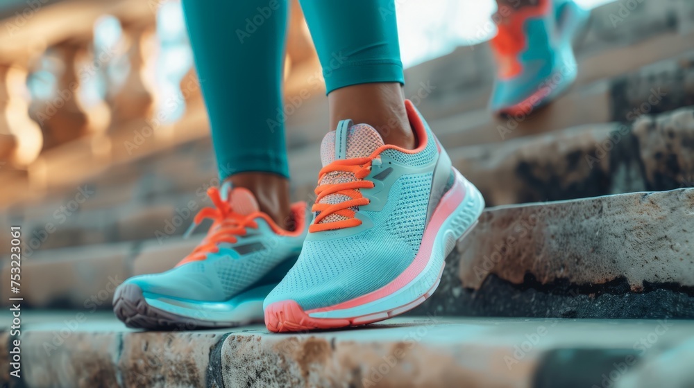 Close-Up of Womans Feet and Running Shoes on Steps