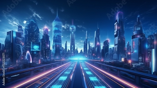 A futuristic cyberpunk city scene features blue and pink light trails, capturing the essence of a sci-fi downtown at night.