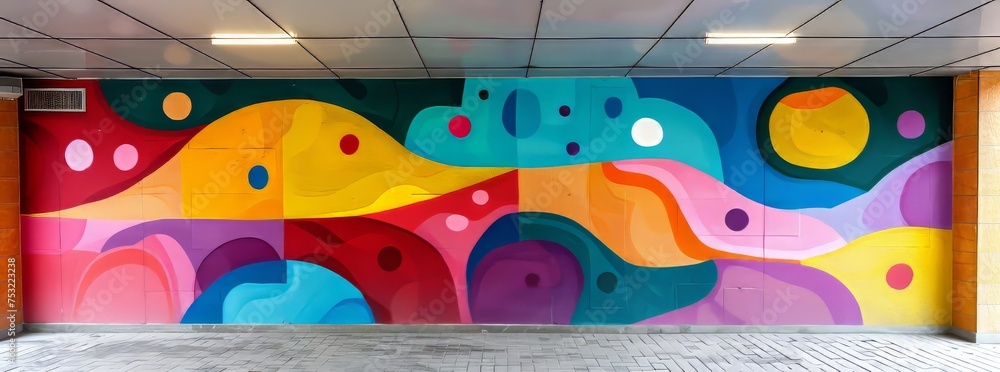 Vivid underpass mural with organic shapes and warm color palette, enhancing a pedestrian space with artistic flair.