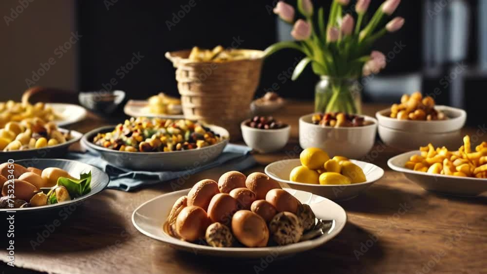 The Easter table is decorated with a variety of traditional dishes, including colored eggs, Easter cakes and fresh spring flowers in pots.
Concept: festive events about cooking, creating menus The Easter table is decorated with a variety of traditional dishes, including colored eggs, Easter cakes and fresh spring flowers in pots.
Concept: festive events about cooking, creating menus