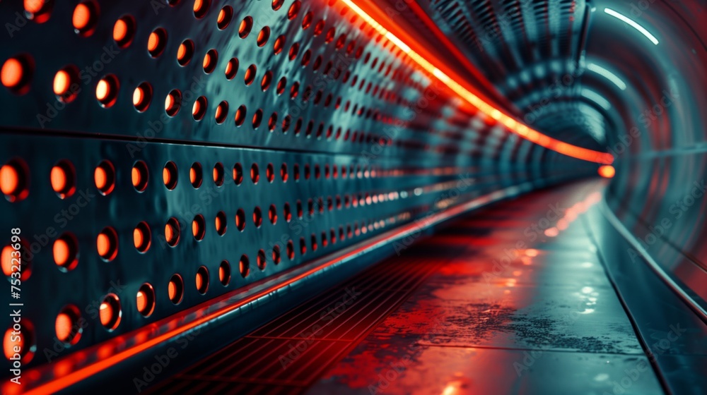 Dark Tunnel With Red Lights. Generative AI