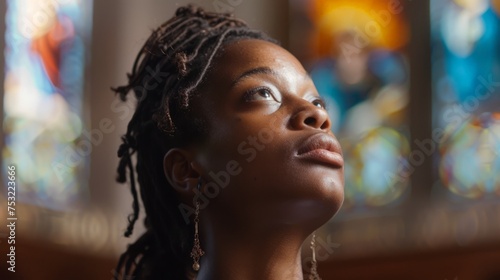 Woman With Dreadlocks Gazing at Stained Glass Window