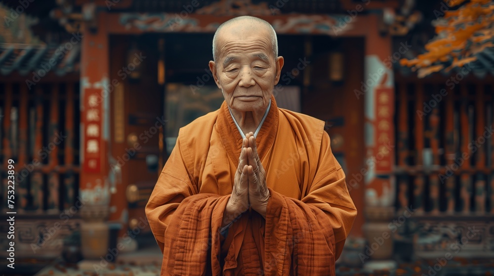 Man in Orange Robe Standing in Front of Building. Generative AI Man in Orange Robe Standing in Front of Building. Generative AI