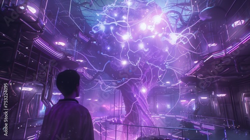 Man Watching Purple and Blue Fireworks. Generative AI