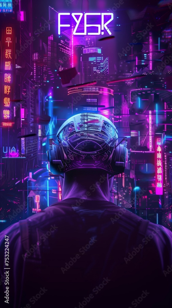 Man Exploring Futuristic Cyberpunk City With Neon Lights. Generative AI - obrazy, fototapety, plakaty 