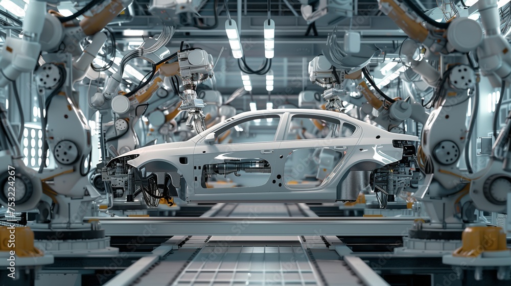 Car Being Assembled on Factory Assembly Line. Generative AI Car Being Assembled on Factory Assembly Line. Generative AI