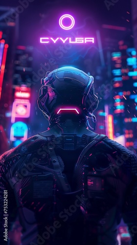 Man in Futuristic Suit in Front of Neon City. Generative AI © MIKHAIL
