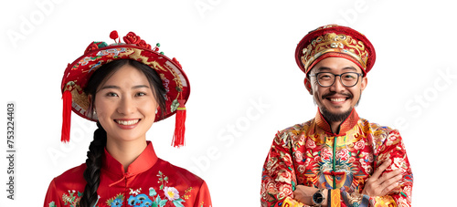 Collection of Cheerful Chinese Men and Women Dressed in Traditional New Year Garments, Isolated on Transparent Background, PNG