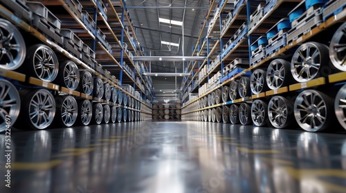 Diverse Collection of Wheels in Stocked Warehouse. Generative AI photo