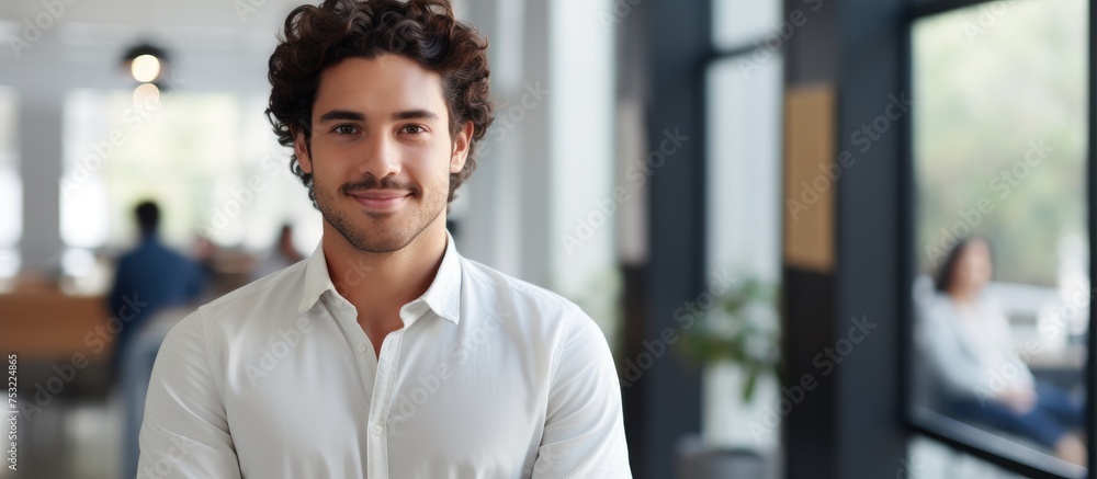 Young Hispanic male psychologist looks confident while smiling at psychology center