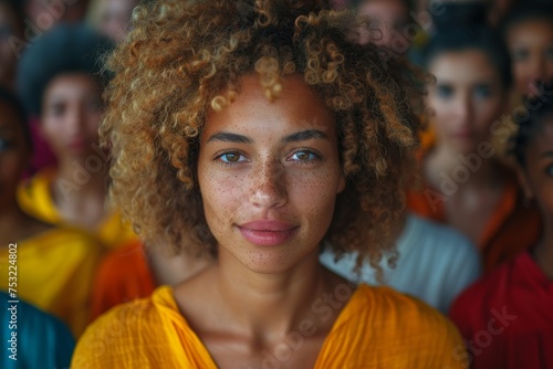 Young woman with gentle freckles and an intriguing expression wearing a vibrant orange shirt, among a crowd
