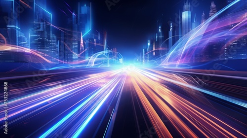 A futuristic vector illustration showcases light trails in a cyberpunk style, evoking a sense of speed in an urban night setting. © Elchin Abilov