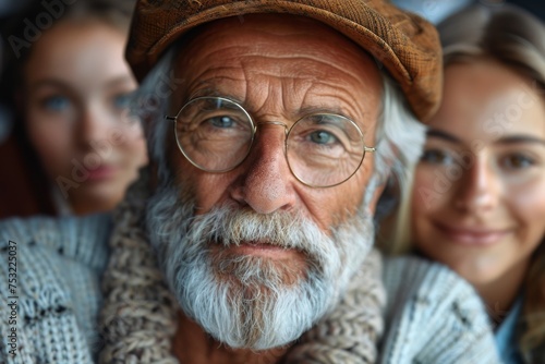 An elderly man with a beard, glasses, and a cap is sharply in focus with women out of focus behind photo