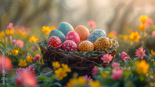 Colourful Easter eggs in a nest, surrounded by daisies and with a garden background