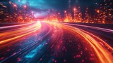 Abstract background of fast moving car with colored lights.  Speed motion background,  glowing lines and bokeh