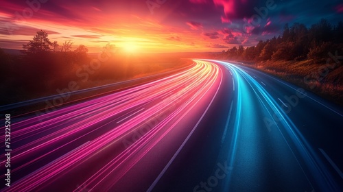 Abstract background of fast moving car with colored lights. Speed motion background, glowing lines and bokeh
