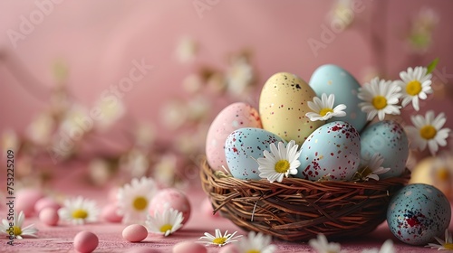 Colourful Easter eggs in a nest, surrounded by daisies and on a pale pink background