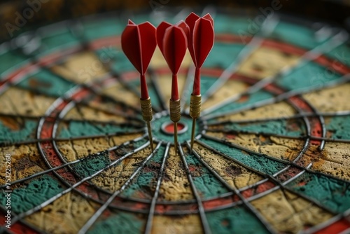 Three red darts are perfectly placed in the bullseye of a worn dartboard, symbolizing accuracy and precision photo