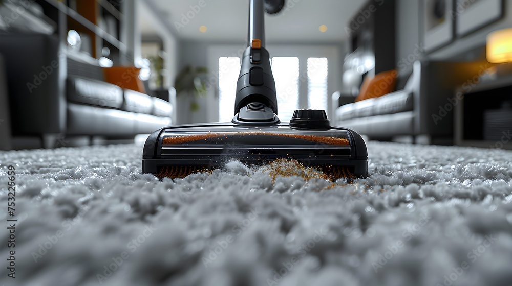 The process of vacuuming a thick, plush carpet in a sunny living room - obrazy, fototapety, plakaty 