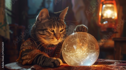 Cat Sitting on Bed With Crystal Ball. Generative AI