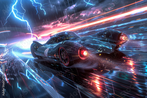 A futuristic car or a spaceship speeding through a road or a galaxy with lightning flashes behind it